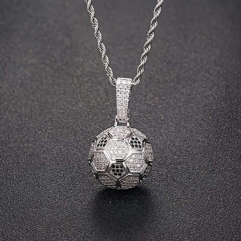 Football Hollow Pendant Necklace, Synthetic Zirconia Setting, Hip Hop Sporty Style, Trendy and Versatile.(silver)