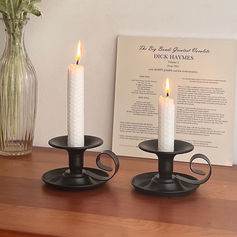 2PCS Handmade Iron Art Vintage Candle Holders, Matte Texture Lights Up Romantic Moments (BLACK)