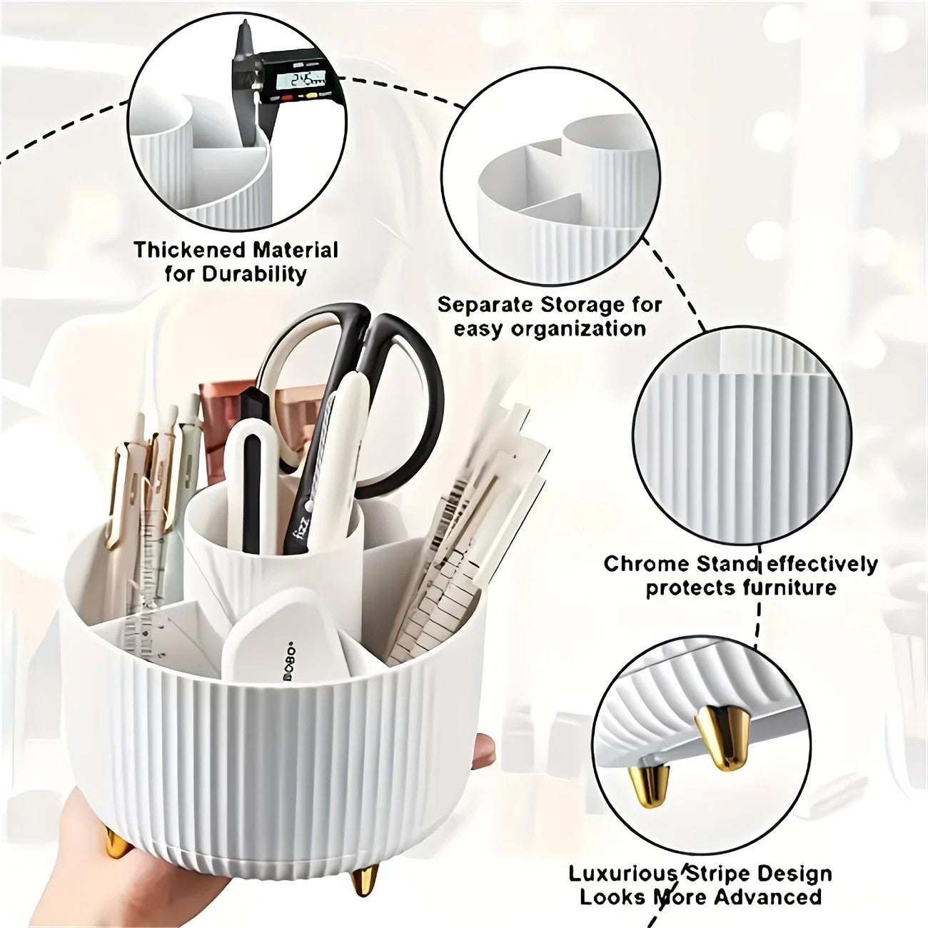 Black 360-Degree Rotating Cosmetic Organizer – 1 Plastic Makeup Storage Box with 5 Compartments – Multi-Purpose Holder for Brushes, Lipsticks, Skincare Products, and Stationery – Durable Odor-Free Desktop Storage Container with Luxurious Stripe Design