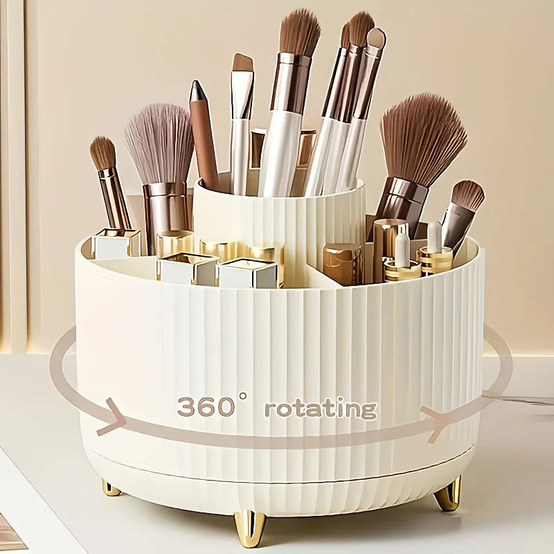 Black 360-Degree Rotating Cosmetic Organizer – 1 Plastic Makeup Storage Box with 5 Compartments – Multi-Purpose Holder for Brushes, Lipsticks, Skincare Products, and Stationery – Durable Odor-Free Desktop Storage Container with Luxurious Stripe Design