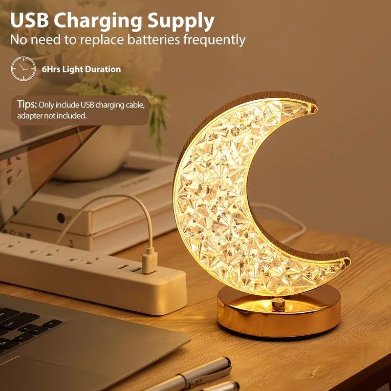 Rechargeable acrylic crystal desk lamp with 3 color temperatures touch control, USB charging for portability, and stepless brightness adjustment. Diamond-cut design serves as both an ambient light and an art piece./MOON
