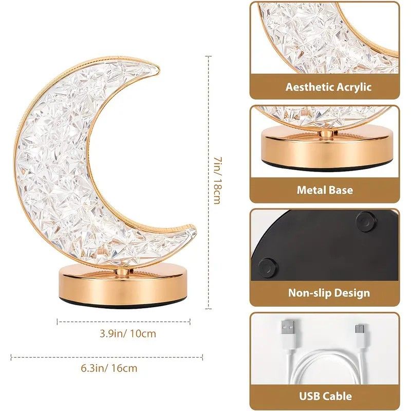 Rechargeable acrylic crystal desk lamp with 3 color temperatures touch control, USB charging for portability, and stepless brightness adjustment. Diamond-cut design serves as both an ambient light and an art piece./MOON