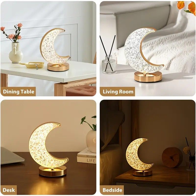 Rechargeable acrylic crystal desk lamp with 3 color temperatures touch control, USB charging for portability, and stepless brightness adjustment. Diamond-cut design serves as both an ambient light and an art piece./MOON