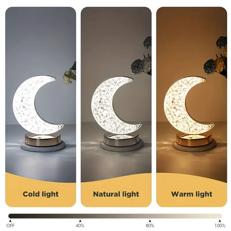Rechargeable acrylic crystal desk lamp with 3 color temperatures touch control, USB charging for portability, and stepless brightness adjustment. Diamond-cut design serves as both an ambient light and an art piece./MOON