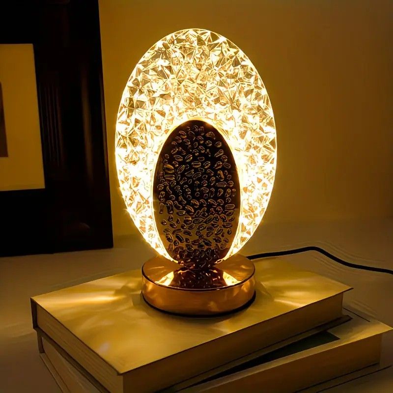 Rechargeable acrylic crystal desk lamp with 3 color temperatures touch control, USB charging for portability, and stepless brightness adjustment. Diamond-cut design serves as both an ambient light and an art piece./Peacock feather