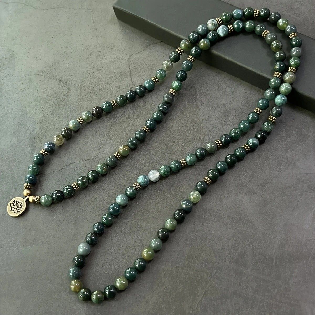 108-Piece Moss Agate Handcrafted Necklace, Natural Plant-Patterned Zen Layered Blessing Bead Strand