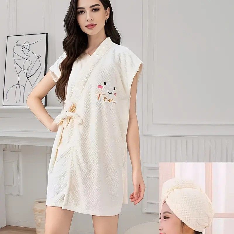 Women's Coral Fleece Pineapple Grid Two-Piece Set | Cloud-Like Touch Adjustable Bath Robe + Hair Towel, Adjustable Tie Belt, Suitable for Daily Home Use(Qingxin powder)