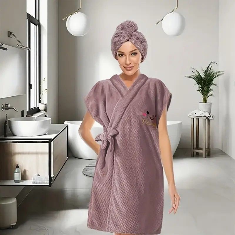 Women's Coral Fleece Pineapple Grid Two-Piece Set | Cloud-Like Touch Adjustable Bath Robe + Hair Towel, Adjustable Tie Belt, Suitable for Daily Home Use(Qingxin powder)