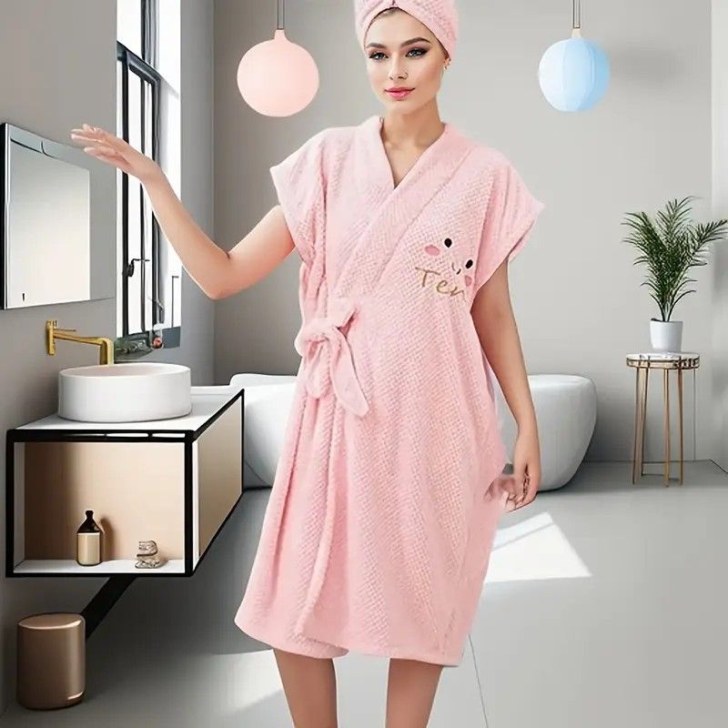 Women's Coral Fleece Pineapple Grid Two-Piece Set | Cloud-Like Touch Adjustable Bath Robe + Hair Towel, Adjustable Tie Belt, Suitable for Daily Home Use(Haze blue)