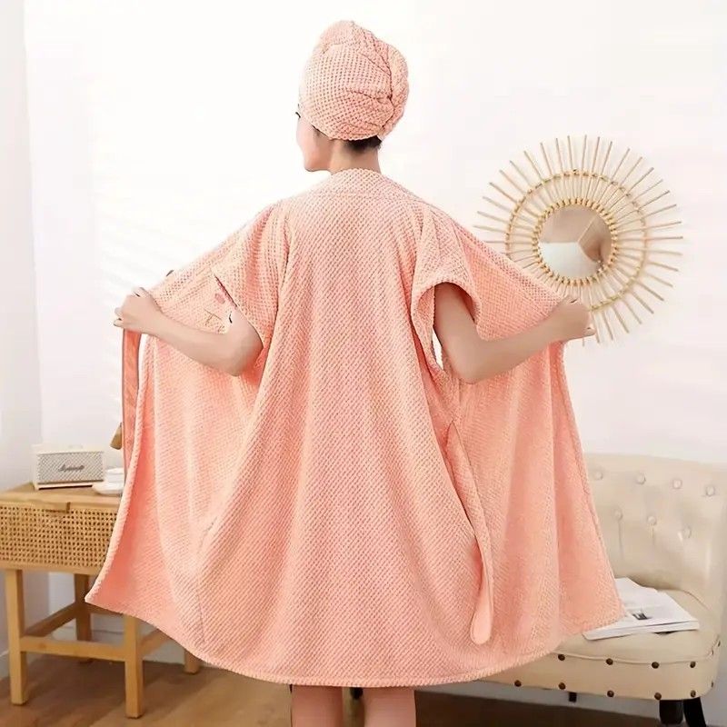 Women's Coral Fleece Pineapple Grid Two-Piece Set | Cloud-Like Touch Adjustable Bath Robe + Hair Towel, Adjustable Tie Belt, Suitable for Daily Home Use(Cream white)