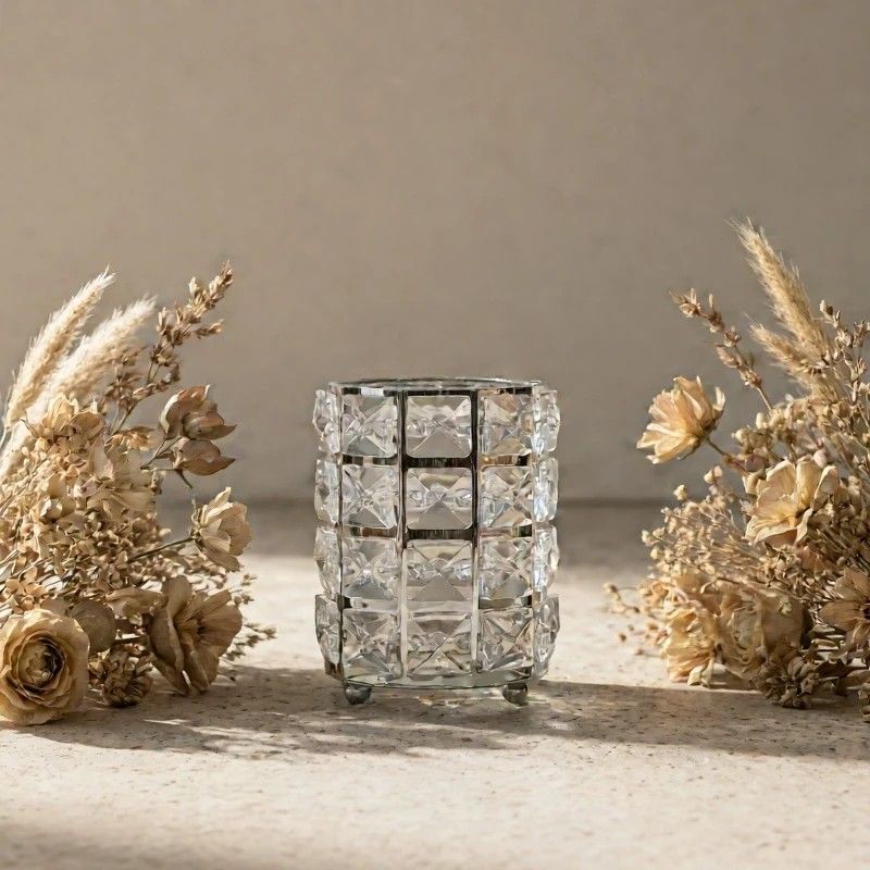 1 piece crystal pen holder, round creative desktop makeup brush storage box, polished cast iron metal art decorative display piece, lightweight and desktop style.silver
