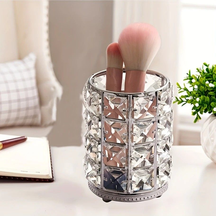1 piece crystal pen holder, round creative desktop makeup brush storage box, polished cast iron metal art decorative display piece, lightweight and desktop style.silver