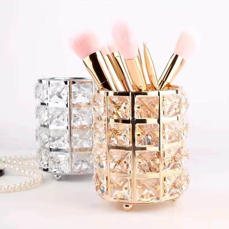 1 piece crystal pen holder, round creative desktop makeup brush storage box, polished cast iron metal art decorative display piece, lightweight and desktop style.silver