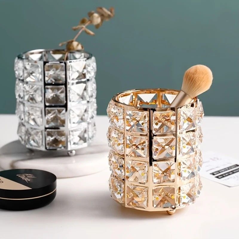 1 piece crystal pen holder, round creative desktop makeup brush storage box, polished cast iron metal art decorative display piece, lightweight and desktop style.silver