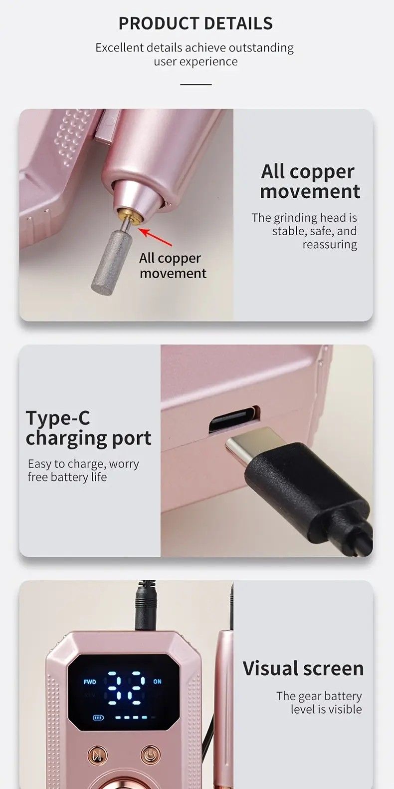 Professional Nail Drill: Quiet and Efficient, LED Digital Display, 31 Accessories for All-in-One Use, Easy for Beginners to Master。white