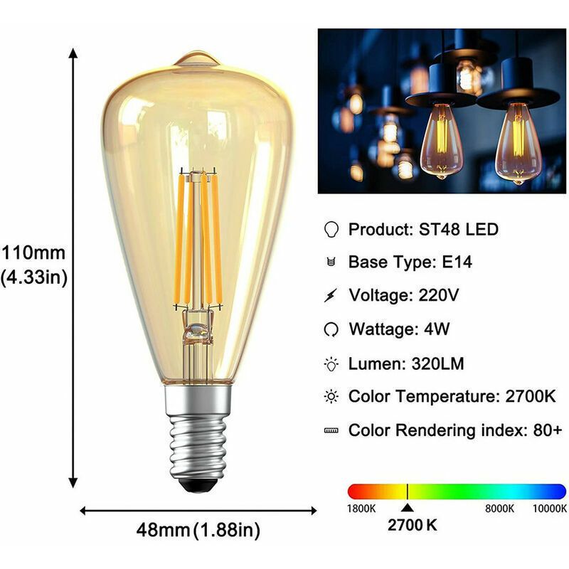 3 Pcs Vintage E14 Bulb Edison LED Bulb ST48 E14 Retro Decorative Lamp Vintage Antique 4W Warm Filament for Restaurant Cafe Bar White