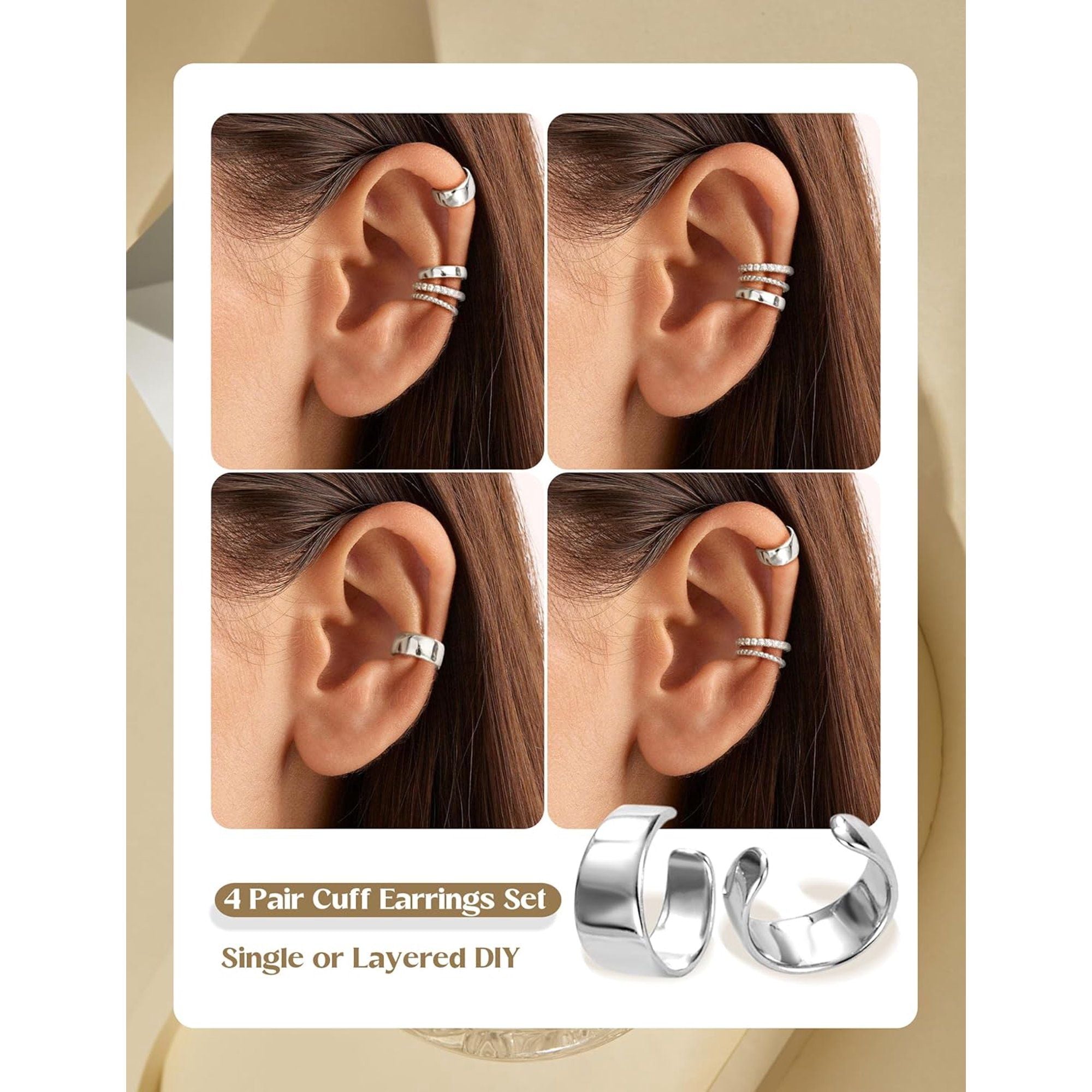 4 Pairs 14K Gold Plated Ear Cuffs, Non Piercing Adjustable Clip On Cartilage Earrings for Women