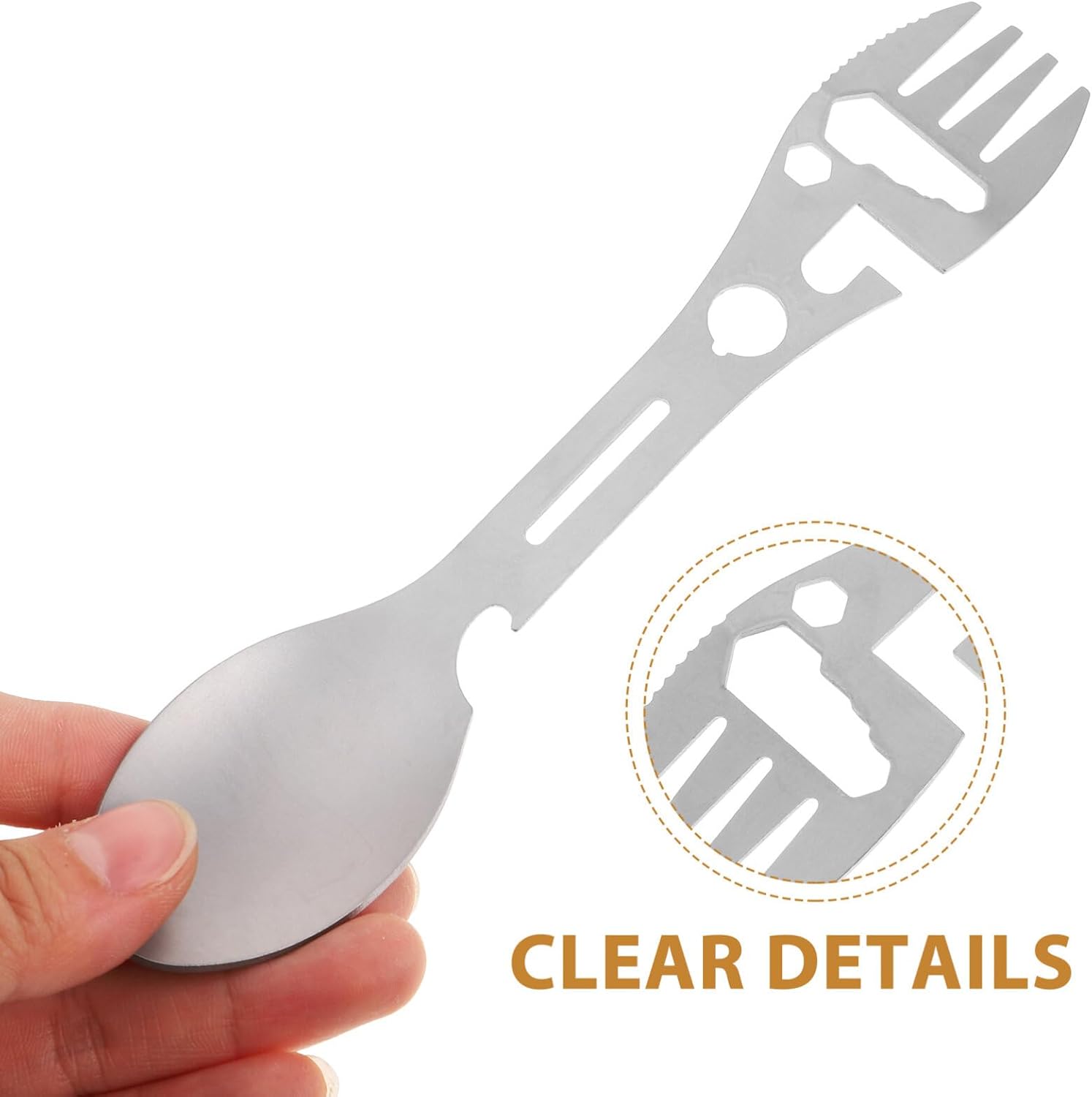 Stainless Steel Spoon and Fork - 10-in-1 Multi-Tool - Works as a combination spoon, fork, knife, bottle opener and wrench - Ideal for picnics, travel, backpacking, hiking and fishing - Silver