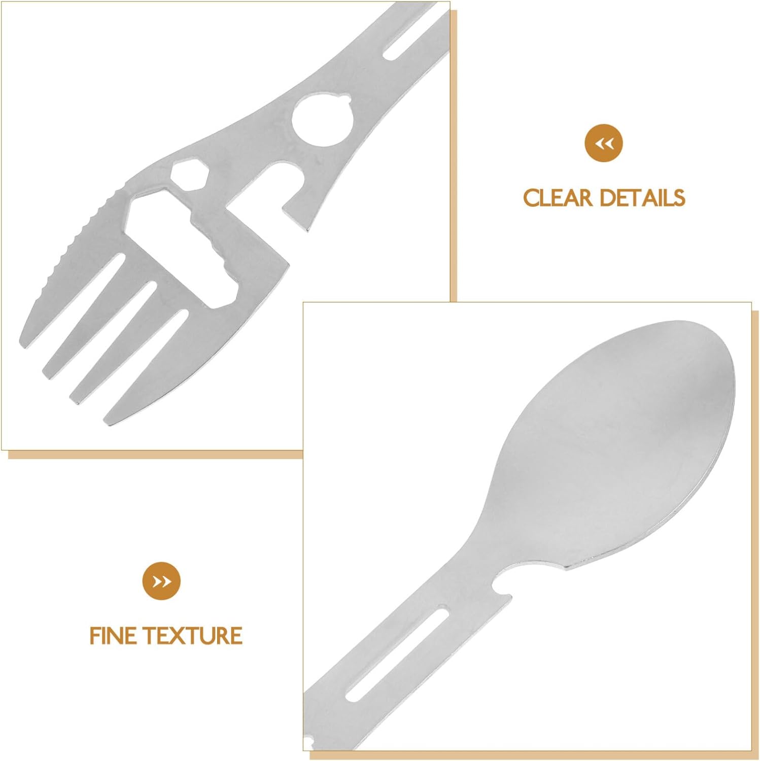 Stainless Steel Spoon and Fork - 10-in-1 Multi-Tool - Works as a combination spoon, fork, knife, bottle opener and wrench - Ideal for picnics, travel, backpacking, hiking and fishing - Silver