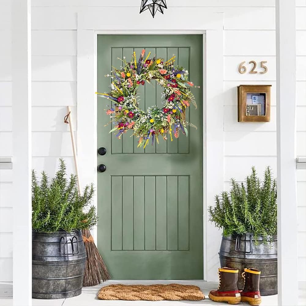 Spring-Summer Door Wreath for Front Door, Artificial Wildflowers Spring Wreath, Decorative Multifunctional Wreaths Colorful Spring-Summer Garland 35cm