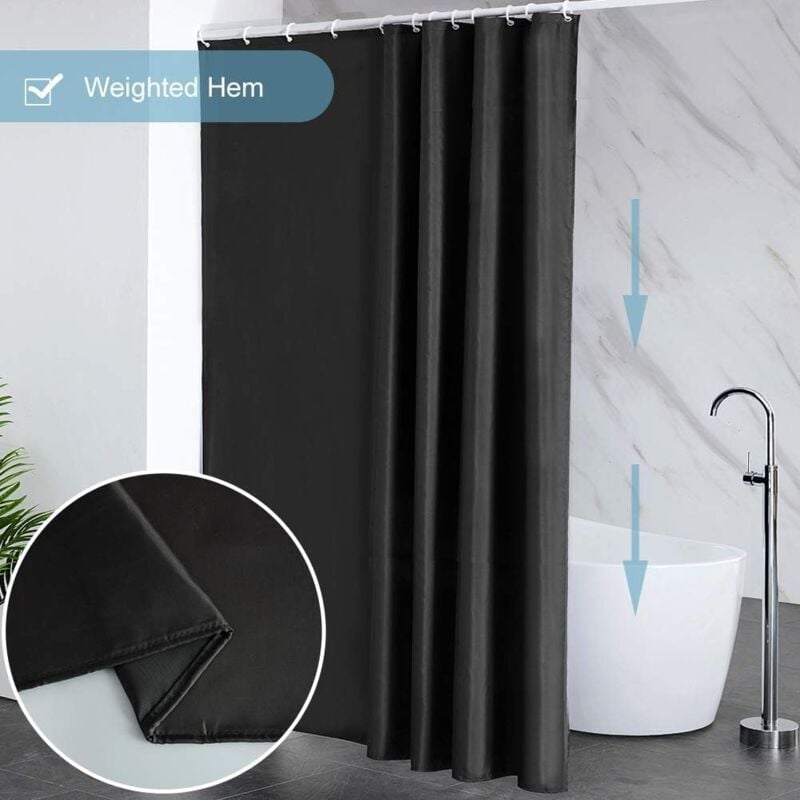 Black Shower Curtain Anti-Mildew, Washable Polyester Fabric, Waterproof Bathroom Curtain with Hooks - 100x180cm (WxH)