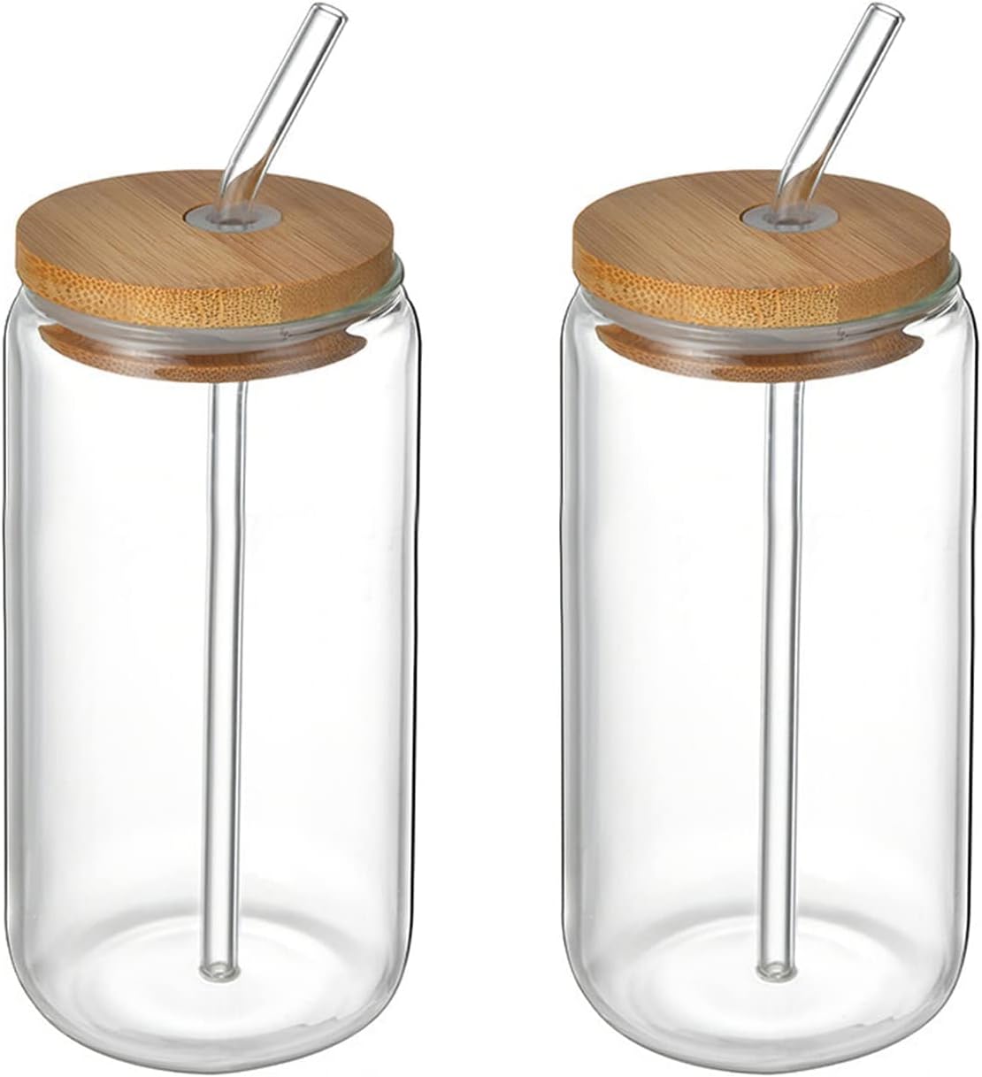 2 pcs Drinking Glasses with Bamboo Lid and Straw, Beer Can Shaped Iced Coffee Cup for Milk, Coffee, Ice Water, Cocktail (500ml)