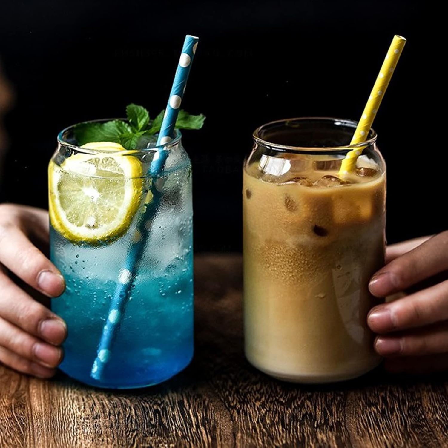 2 pcs Drinking Glasses with Bamboo Lid and Straw, Beer Can Shaped Iced Coffee Cup for Milk, Coffee, Ice Water, Cocktail (500ml)