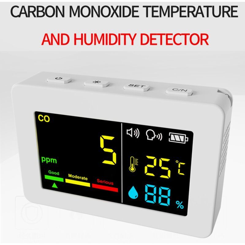 3-in-1 Portable Air Quality Meter, CO, Temperature and Humidity, Color Screen, Carbon Monoxide Detector with Voice Alarm and Battery Display