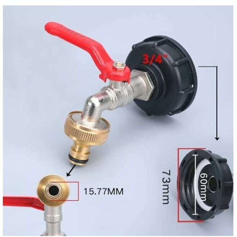 IBC Tank Tap with Double Rainwater Collection Tap Adapter, Made of Brass, Coarse Thread, 3-4 Inch, 1000 L, 60 mm