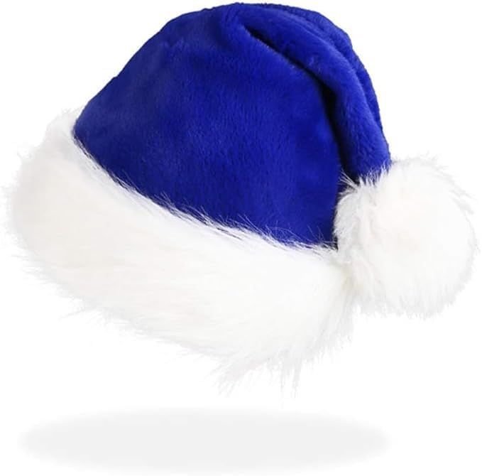 Blue Christmas Santa Hat for Adult, Plush Xmas Hat with White Fur Trim and Pom Pom for Christmas Party Decoration Supply