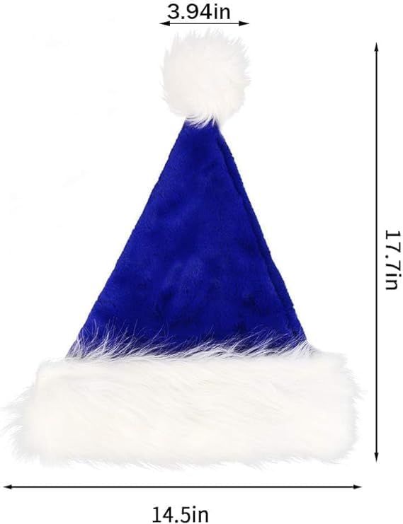 Blue Christmas Santa Hat for Adult, Plush Xmas Hat with White Fur Trim and Pom Pom for Christmas Party Decoration Supply