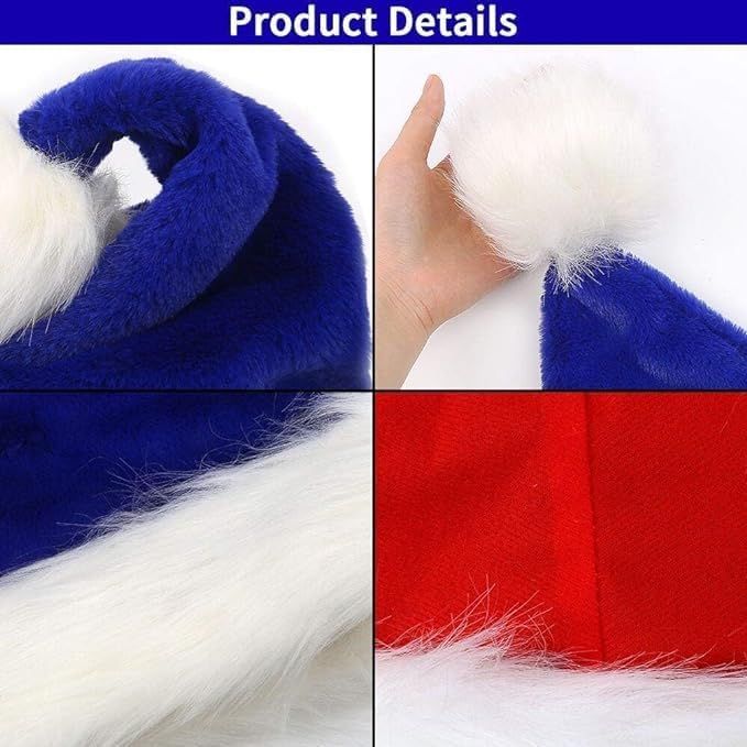 Blue Christmas Santa Hat for Adult, Plush Xmas Hat with White Fur Trim and Pom Pom for Christmas Party Decoration Supply