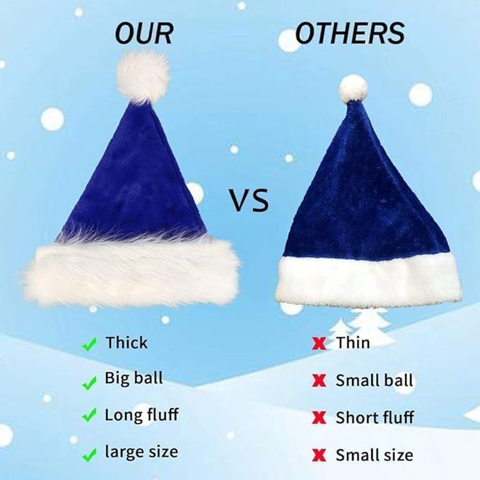 Blue Christmas Santa Hat for Adult, Plush Xmas Hat with White Fur Trim and Pom Pom for Christmas Party Decoration Supply