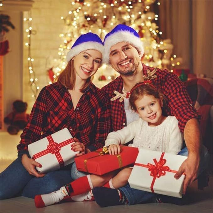 Blue Christmas Santa Hat for Adult, Plush Xmas Hat with White Fur Trim and Pom Pom for Christmas Party Decoration Supply
