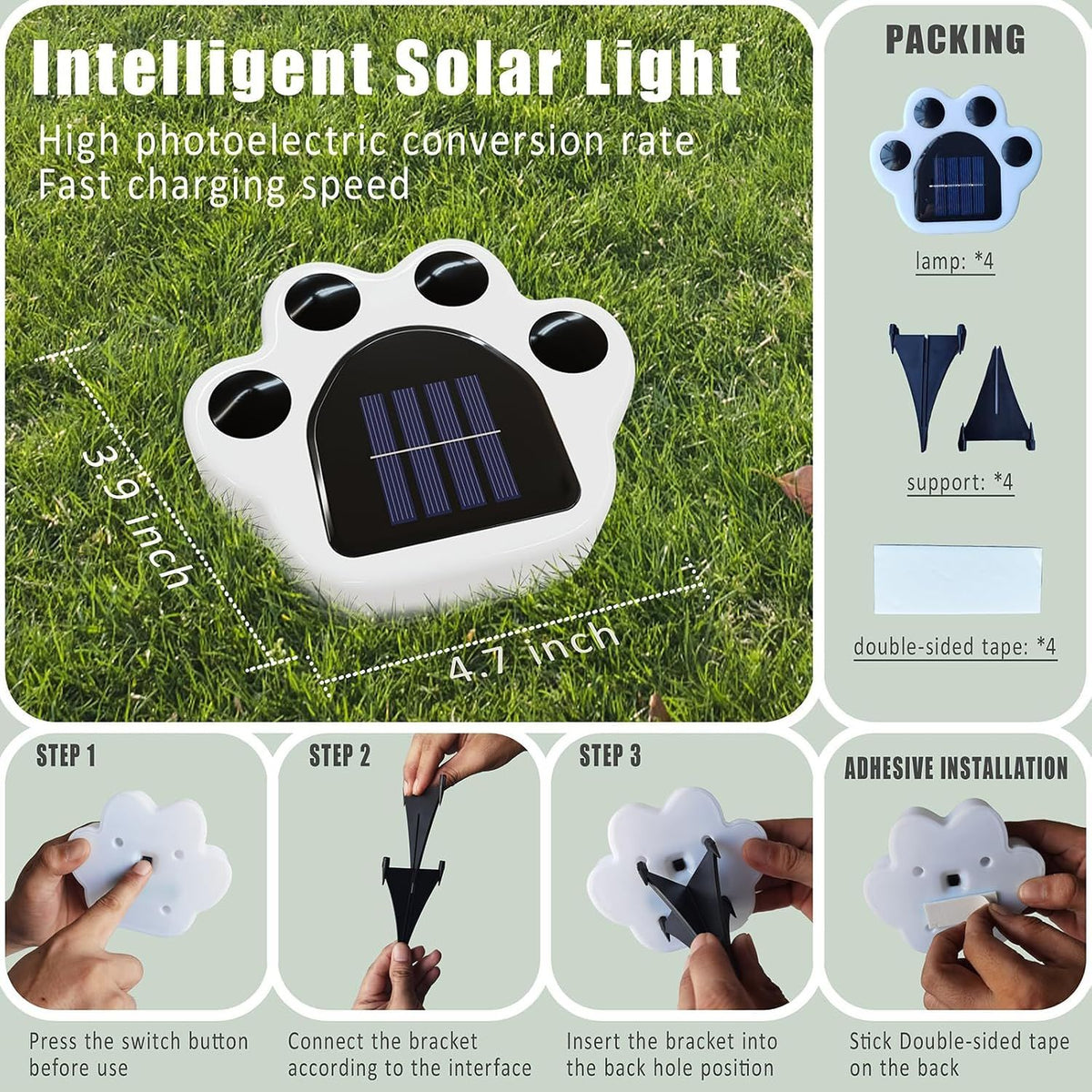 4 Pack Solar Paw Print Lights Outdoor Waterproof, Dog Paw Print Garden Decorative Lights for Lawn Patio Pathway Pet Garden Gifts for Women Mother's Day