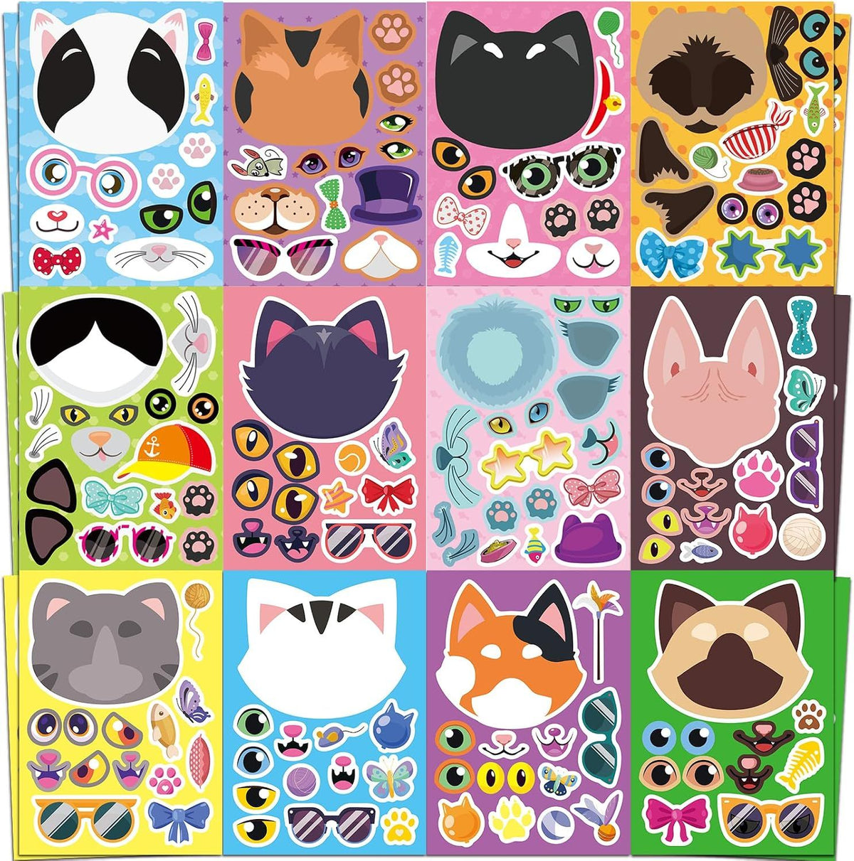 24 Sheets Make Your Own Cat Face Stickers for Kids, Cat Party Favors and Birthday Crafts Supplies