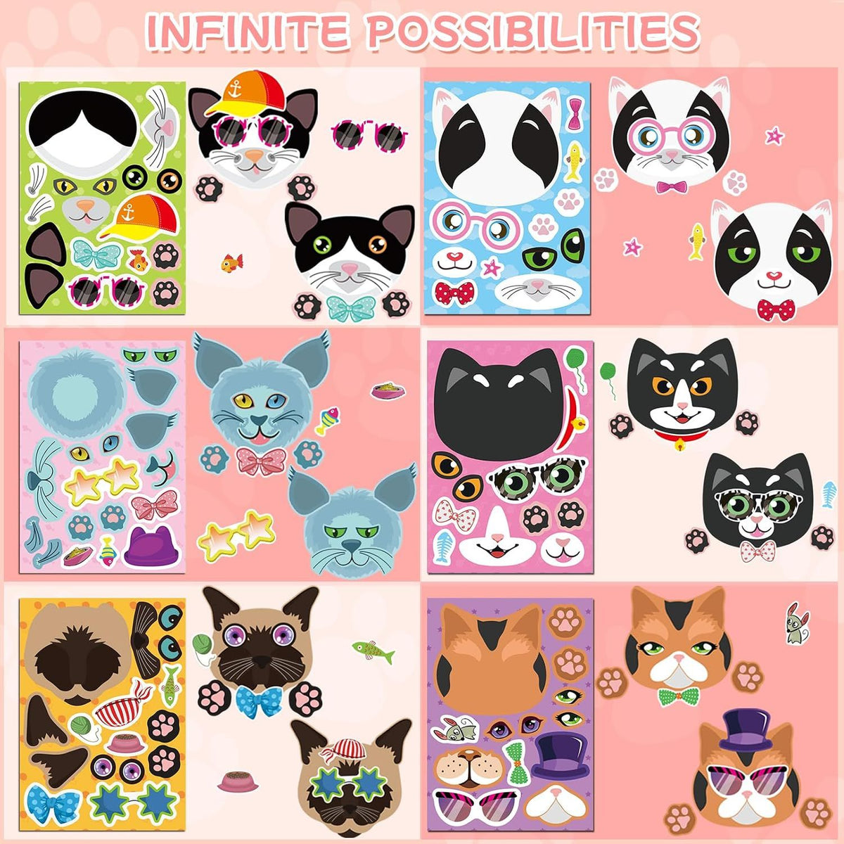 24 Sheets Make Your Own Cat Face Stickers for Kids, Cat Party Favors and Birthday Crafts Supplies