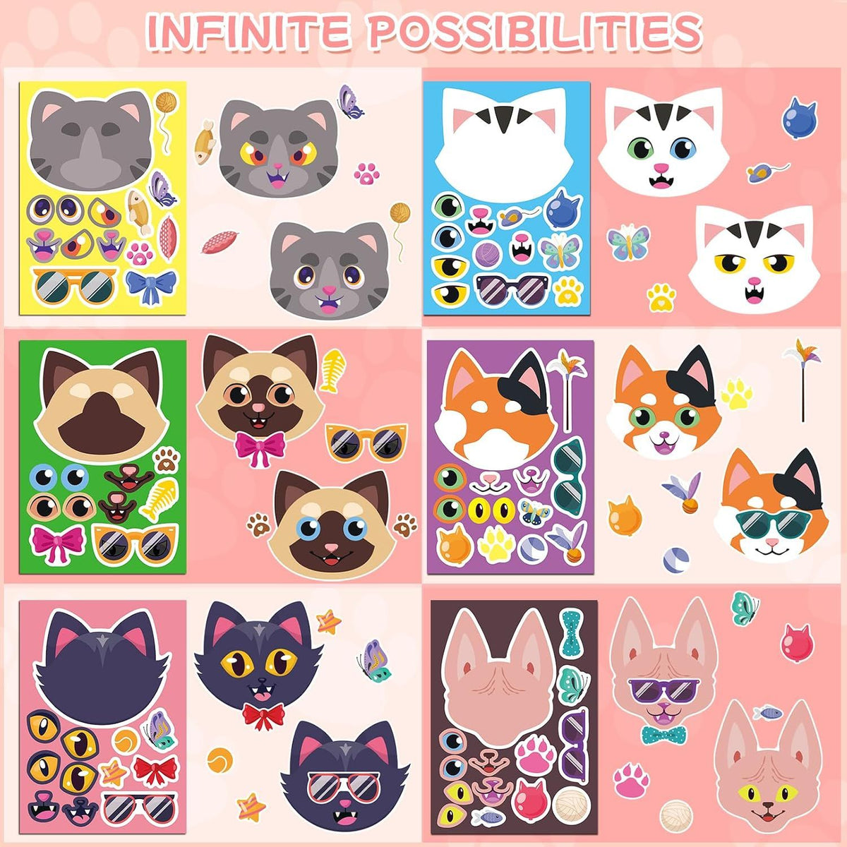 24 Sheets Make Your Own Cat Face Stickers for Kids, Cat Party Favors and Birthday Crafts Supplies