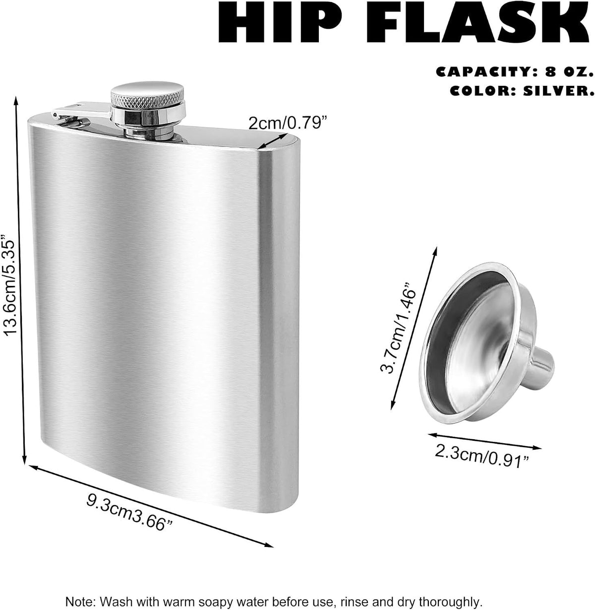 8 oz Hip Flask with Funnel, Stainless Steel Portable Pocket Flask for Men, Silver