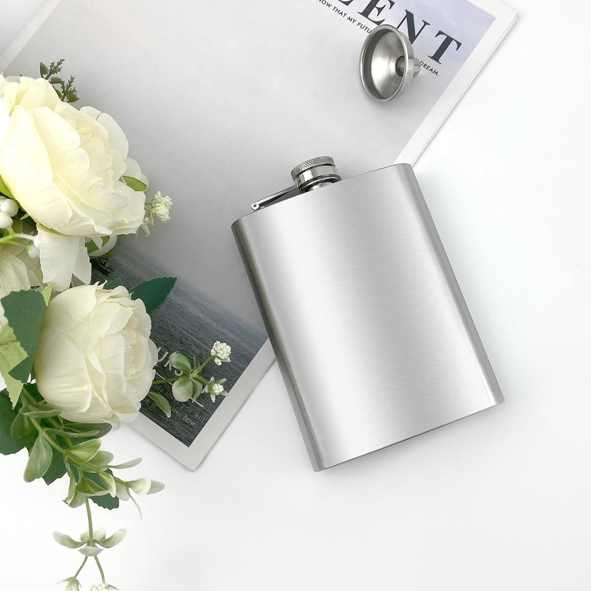 8 oz Hip Flask with Funnel, Stainless Steel Portable Pocket Flask for Men, Silver