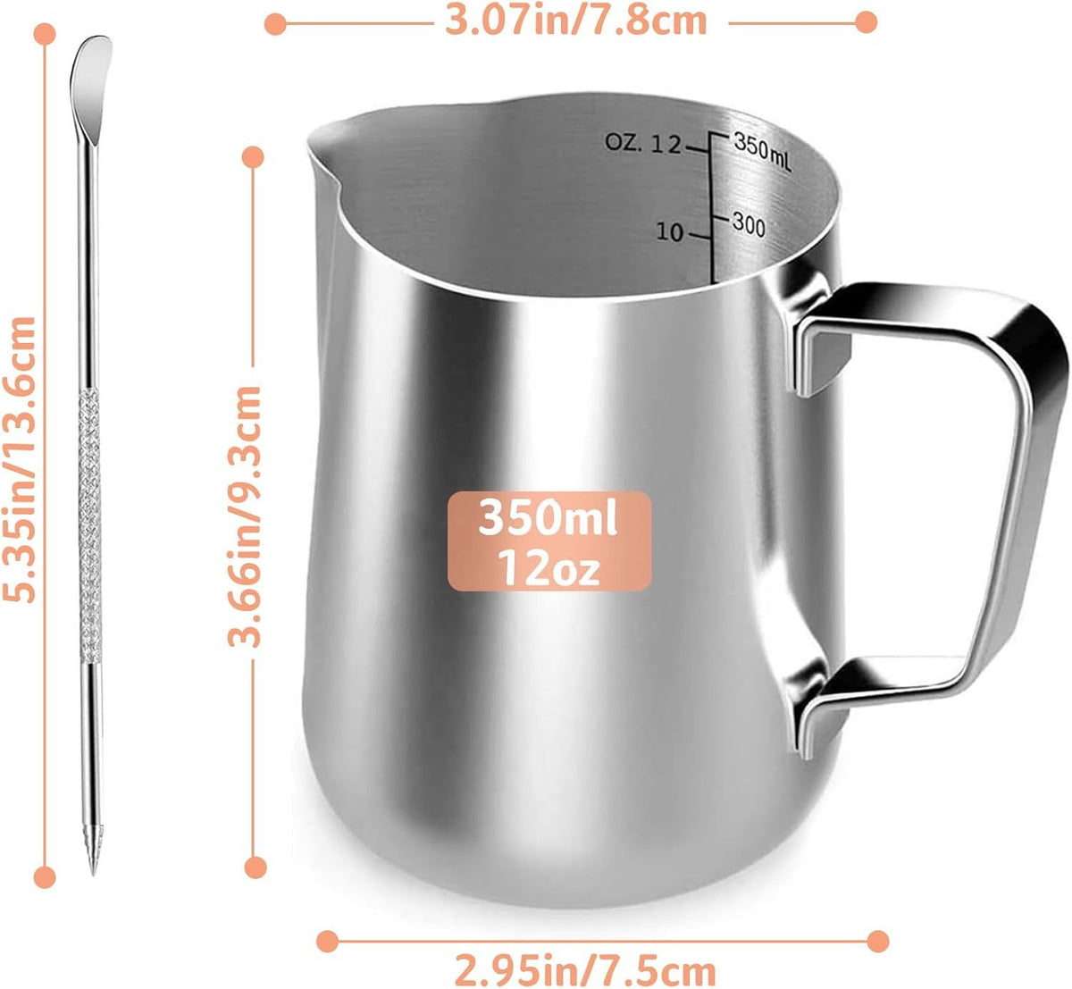 Milk Frothing Pitcher Stainless Steel Milk Jug with Scale and Latte Art Pen Coffee Machine Accessories for Latte Cappuccino, 350ml 12oz