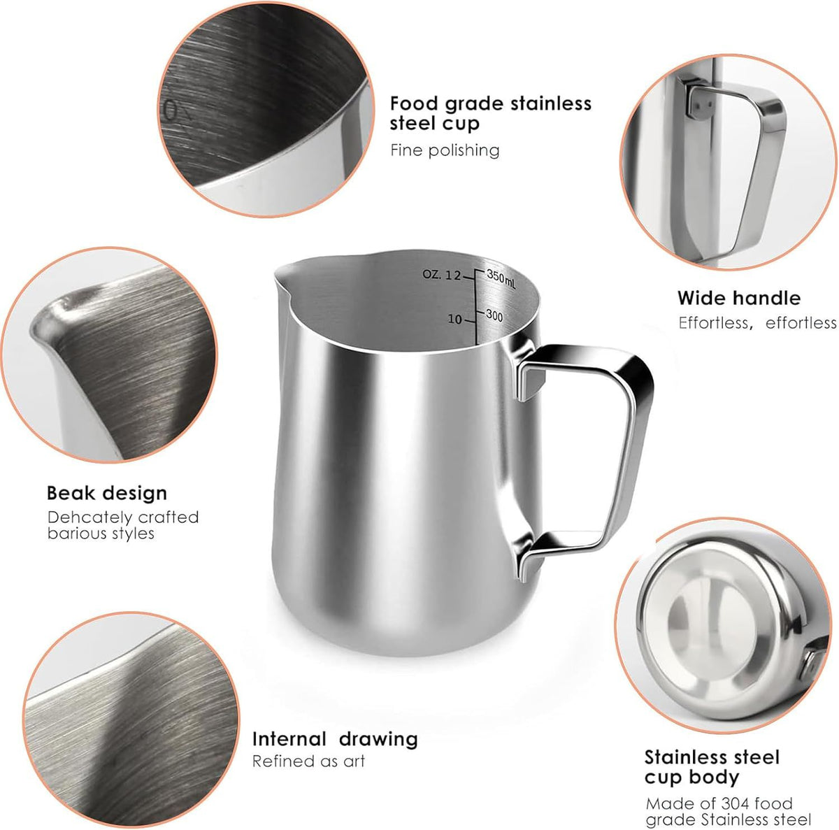 Milk Frothing Pitcher Stainless Steel Milk Jug with Scale and Latte Art Pen Coffee Machine Accessories for Latte Cappuccino, 350ml 12oz