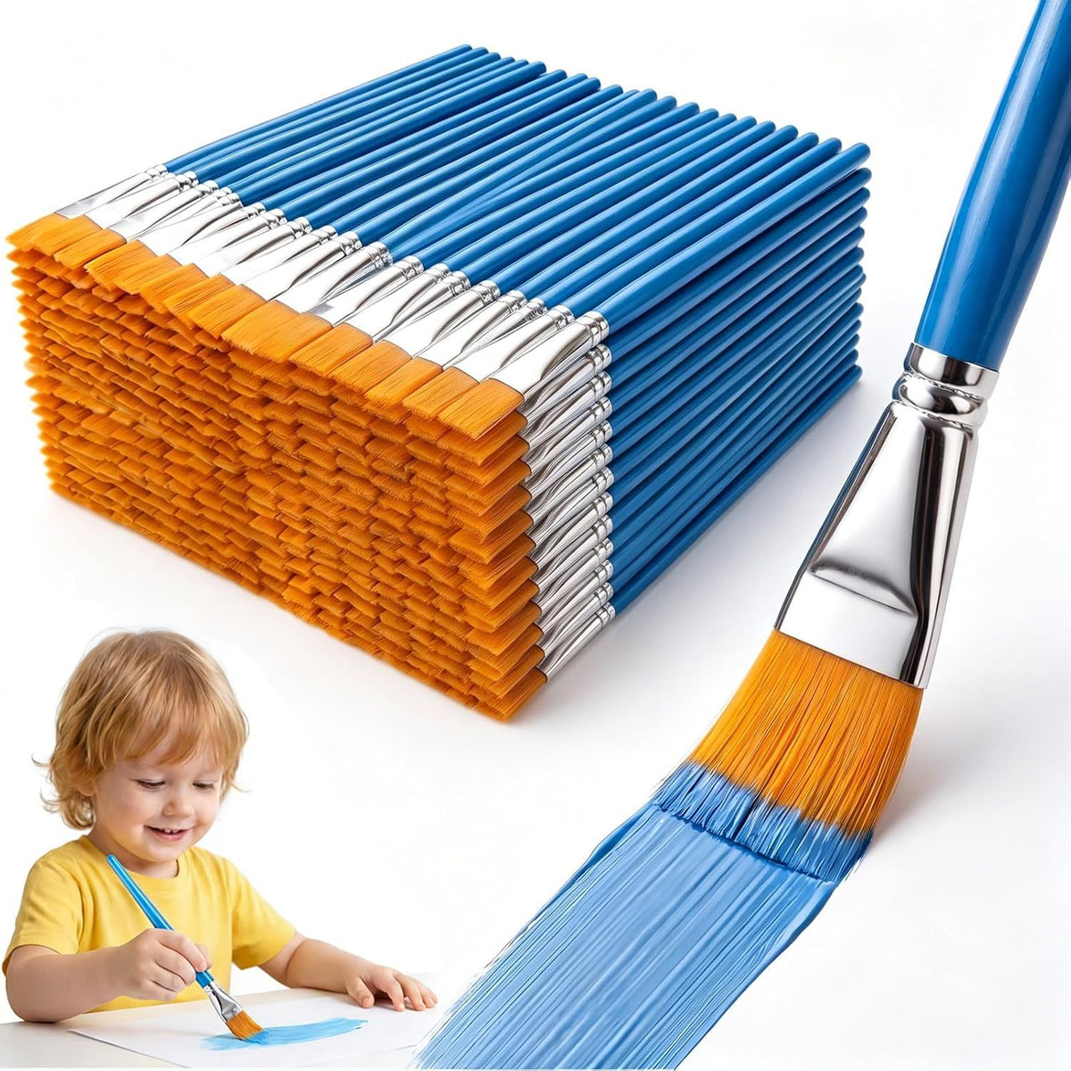 50 Pack 1 Inch Flat Paint Brushes Bulk for Acrylic Watercolor Tempera Crafts and Classroom Projects, Washable and Reusable, 1 Inch