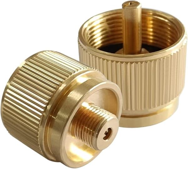 2 Pack Camping Stove Brass Adapter, 1lb Propane Small Tank Input to EN417 Lindal Valve Output, Portable LPG Gas Canister Converter for Outdoor Backpacking Camping