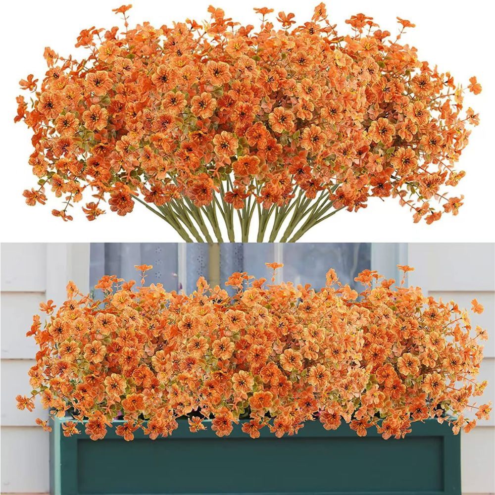 10PCS Artificial Autumn Orange Floral Stems with Eucalyptus & Violet Daisy, Full Faux Fall Bouquet Picks for Australian Farmhouse Harvest Decor