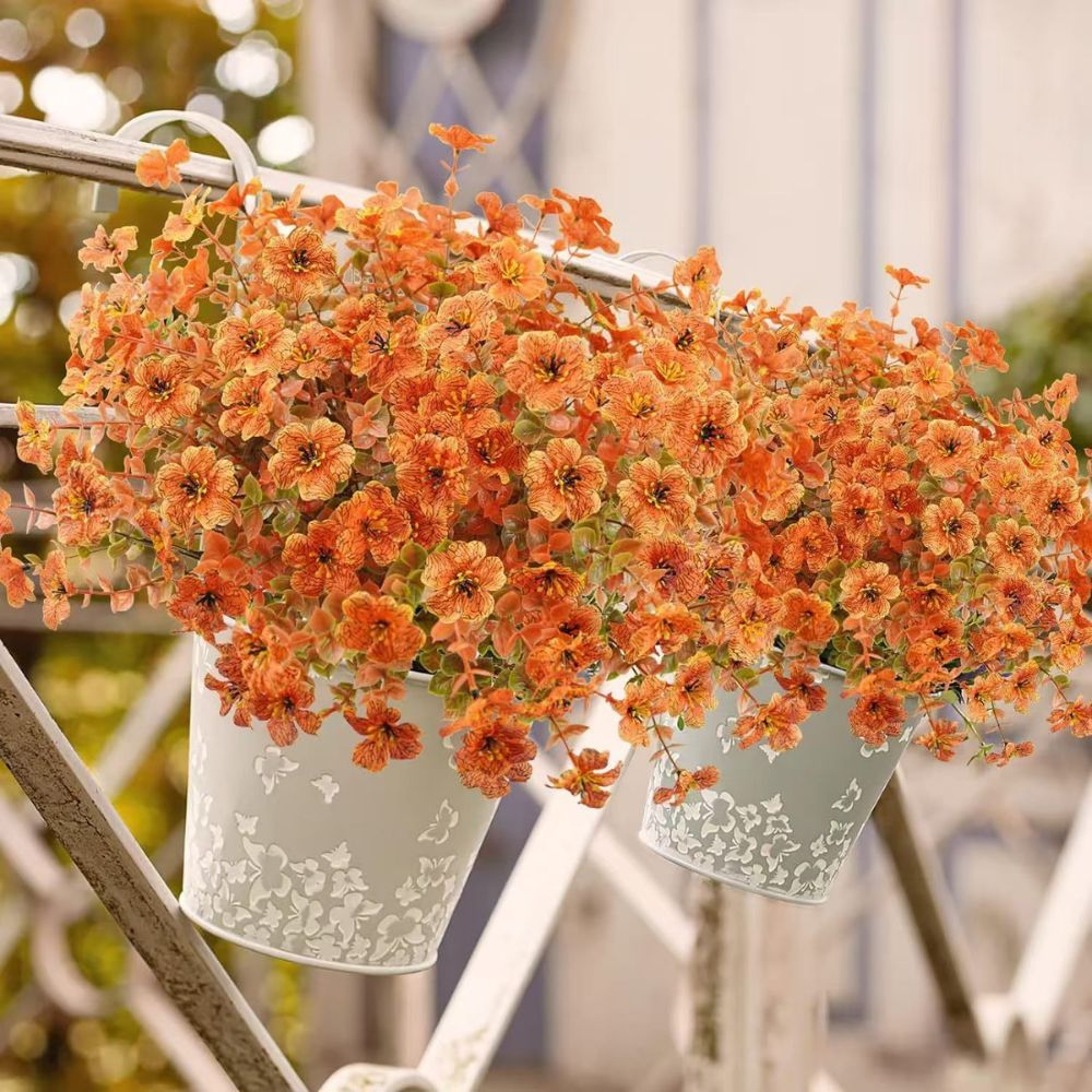 14 Pack Artificial Fall Orange Daisy Eucalyptus Flower Stems, Fake Autumn Violet Floral Branches, Large Full Harvest Thanksgiving Yard & Table Decor