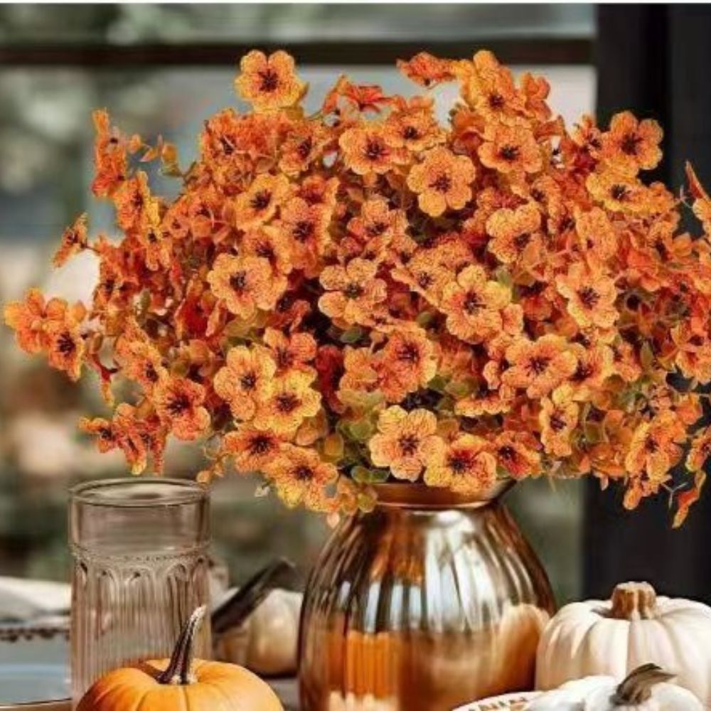 14 Pack Artificial Fall Orange Daisy Eucalyptus Flower Stems, Fake Autumn Violet Floral Branches, Large Full Harvest Thanksgiving Yard & Table Decor