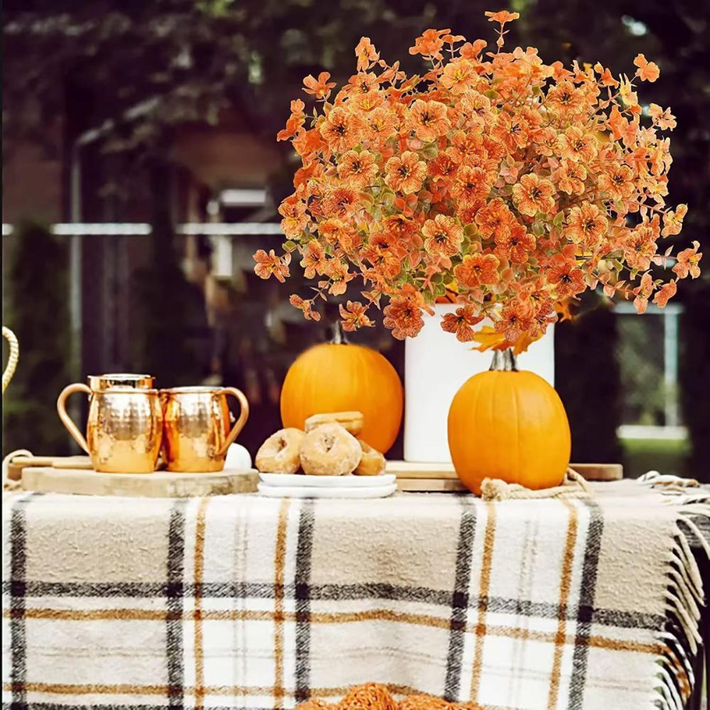 14 Pack Artificial Fall Orange Daisy Eucalyptus Flower Stems, Fake Autumn Violet Floral Branches, Large Full Harvest Thanksgiving Yard & Table Decor