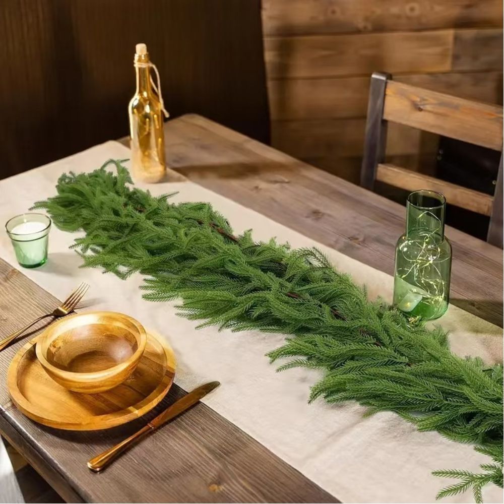 Artificial Norfolk Pine Garland, Real Touch Soft PVC Pine Needle Swag, Fake Cypress Greenery Vine for Christmas Fireplace Mantel Home Xmas Decor