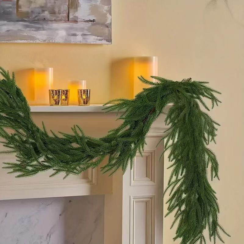 Artificial Norfolk Pine Garland, Real Touch Soft PVC Pine Needle Swag, Fake Cypress Greenery Vine for Christmas Fireplace Mantel Home Xmas Decor